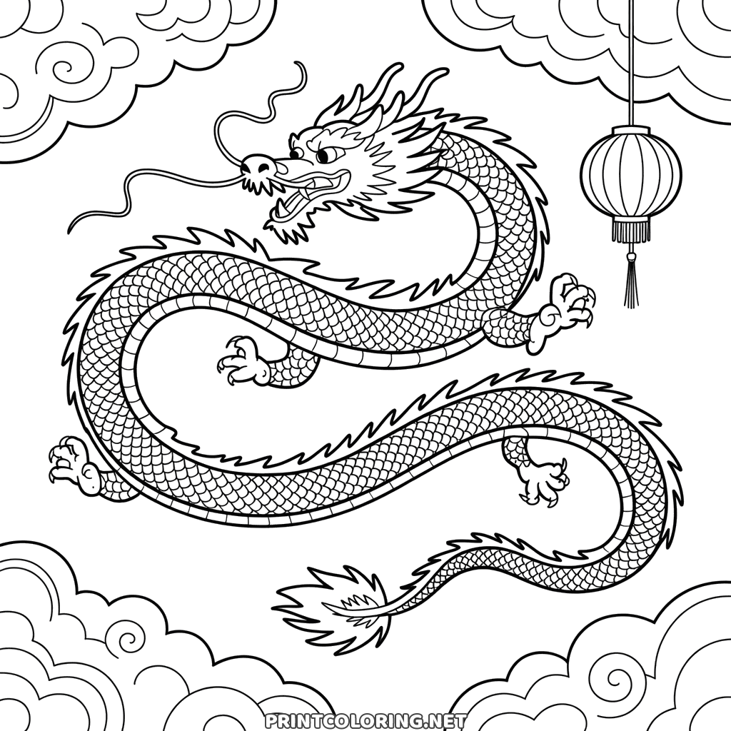 Chinesischer Drache Ausmalbild: ein langer geschuppter Drache zwischen Wolkenwirbeln und einer Papierlaterne