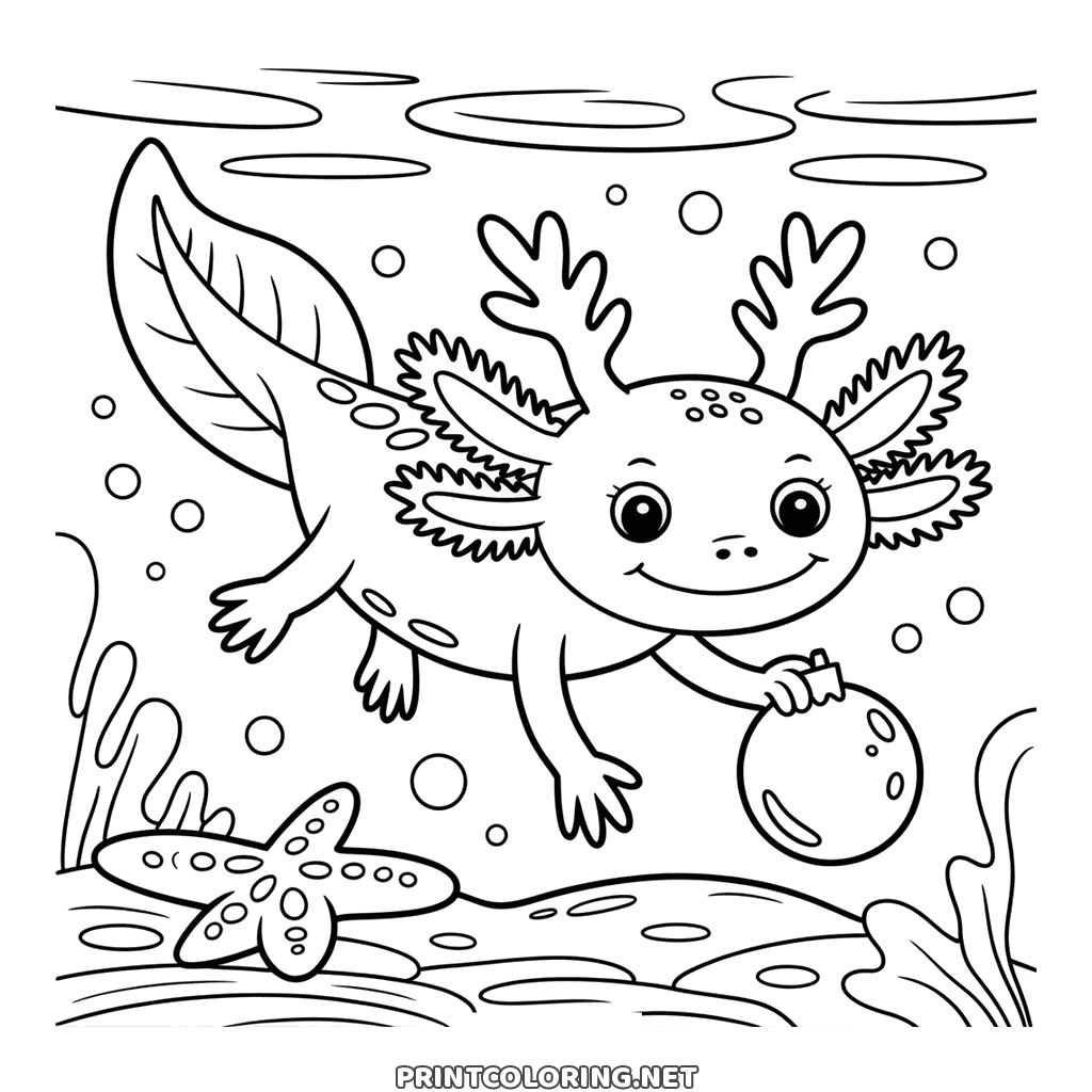 A printable drawing to color: an axolotl holding a Christmas bauble underwater