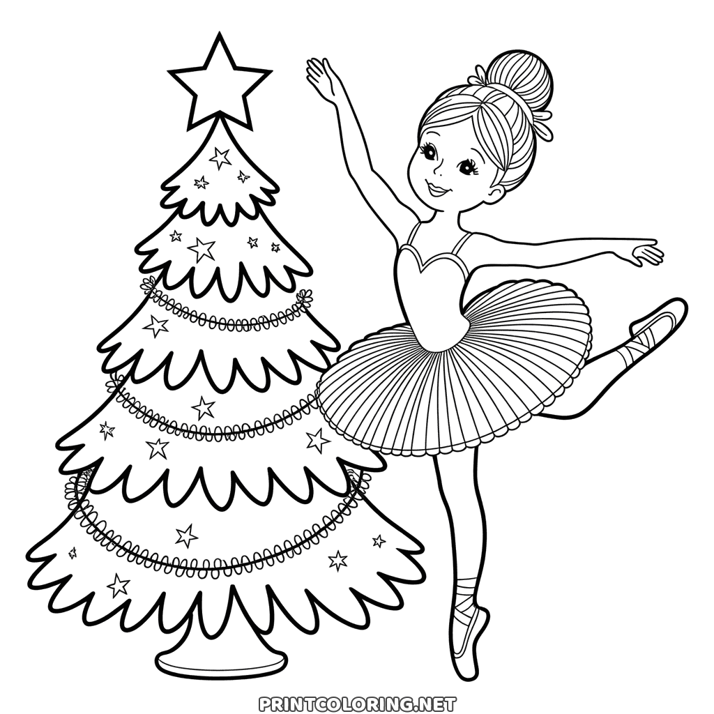 Jule tegning af en ballerina i tutu, der springer ved et pyntet juletræ, gratis til print