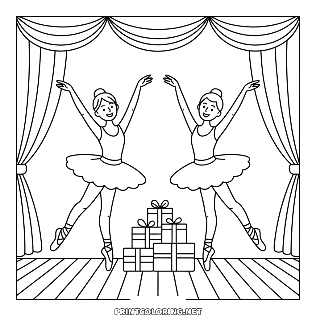 Two dancers mirroring each other on a Christmas stage, presents stacked, to color
