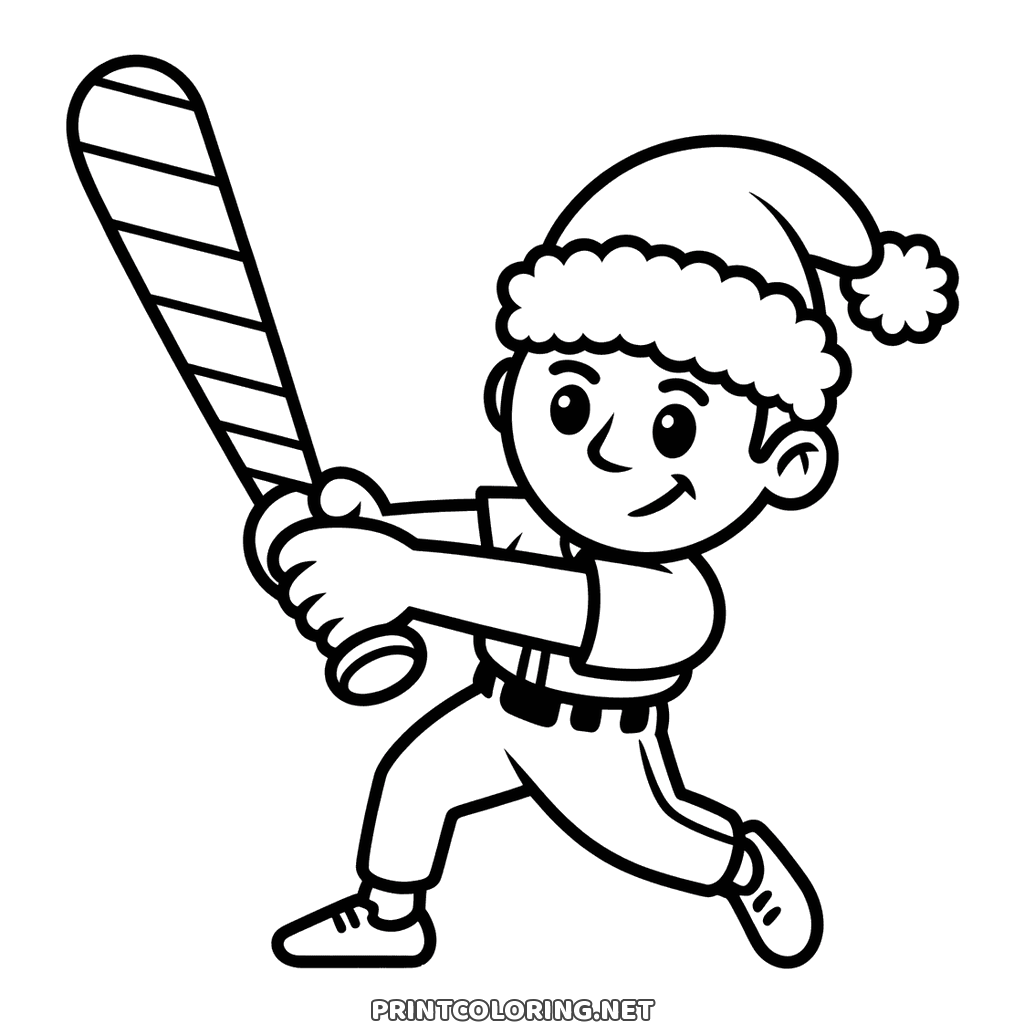 Easy Christmas coloring page: a boy in a Santa hat batting with a giant candy cane