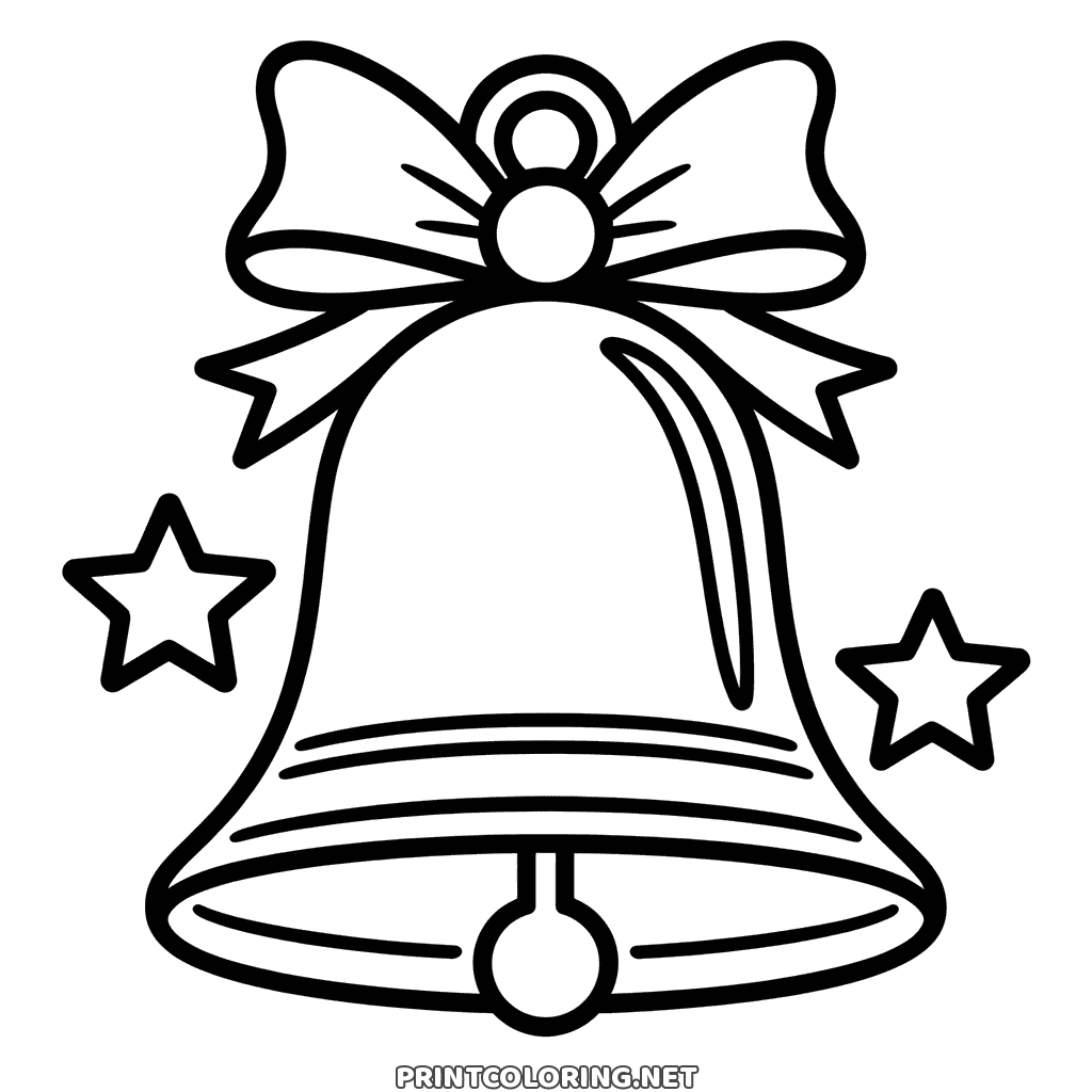 Free printable coloring sheet: a Christmas bell tied with a wide ribbon and two stars