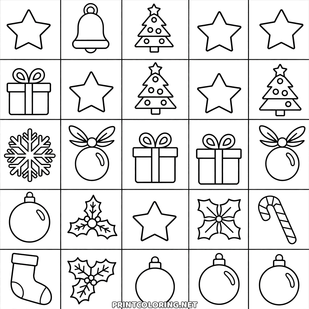 Christmas bingo coloring page: a grid of stars, trees, gifts, baubles, holly and a candy cane to colour