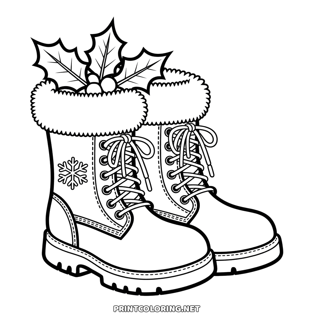 A pair of fur trimmed winter boots with Christmas holly on top, printable to color
