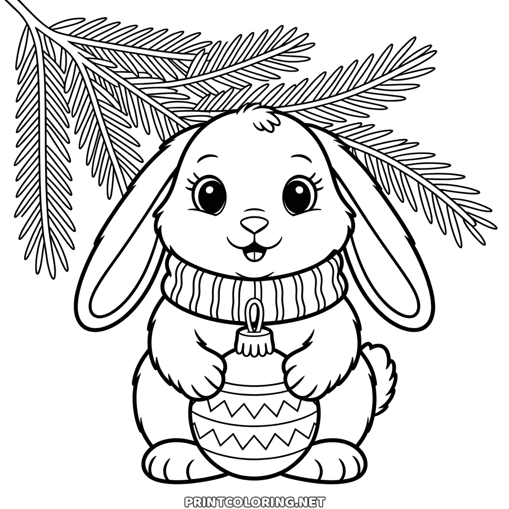 A rabbit in a striped scarf holding a Christmas bauble under fir branches, to color