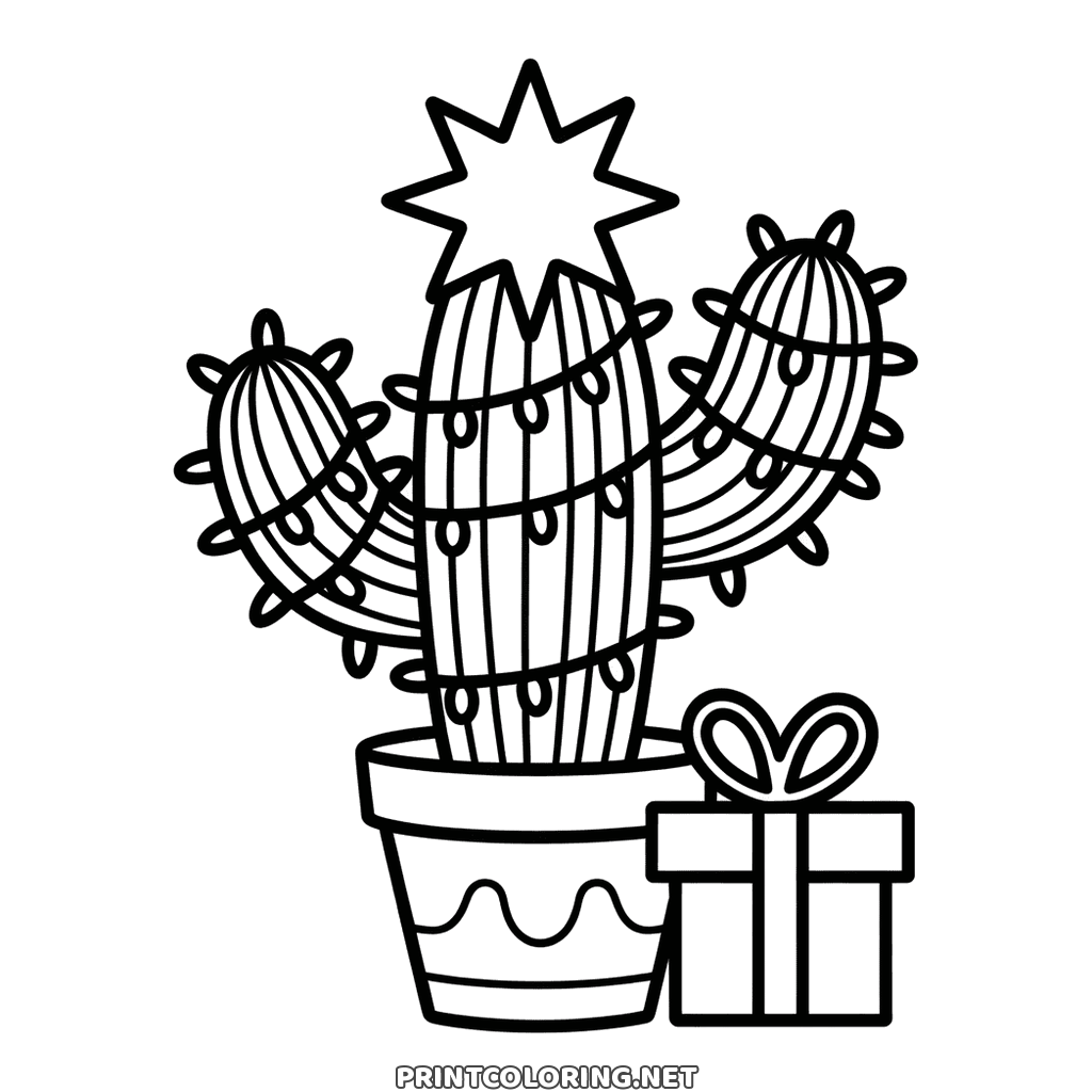 Fun Christmas coloring page to print: a potted cactus with lights and a star on top