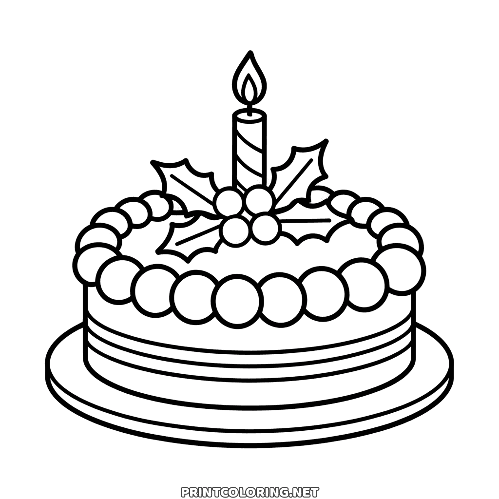 Christmas cake coloring page to print free: piped pearls, holly on top and a candle
