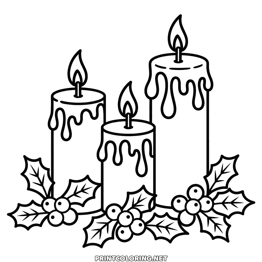 Three Christmas candles of different heights dripping wax onto holly, free to color