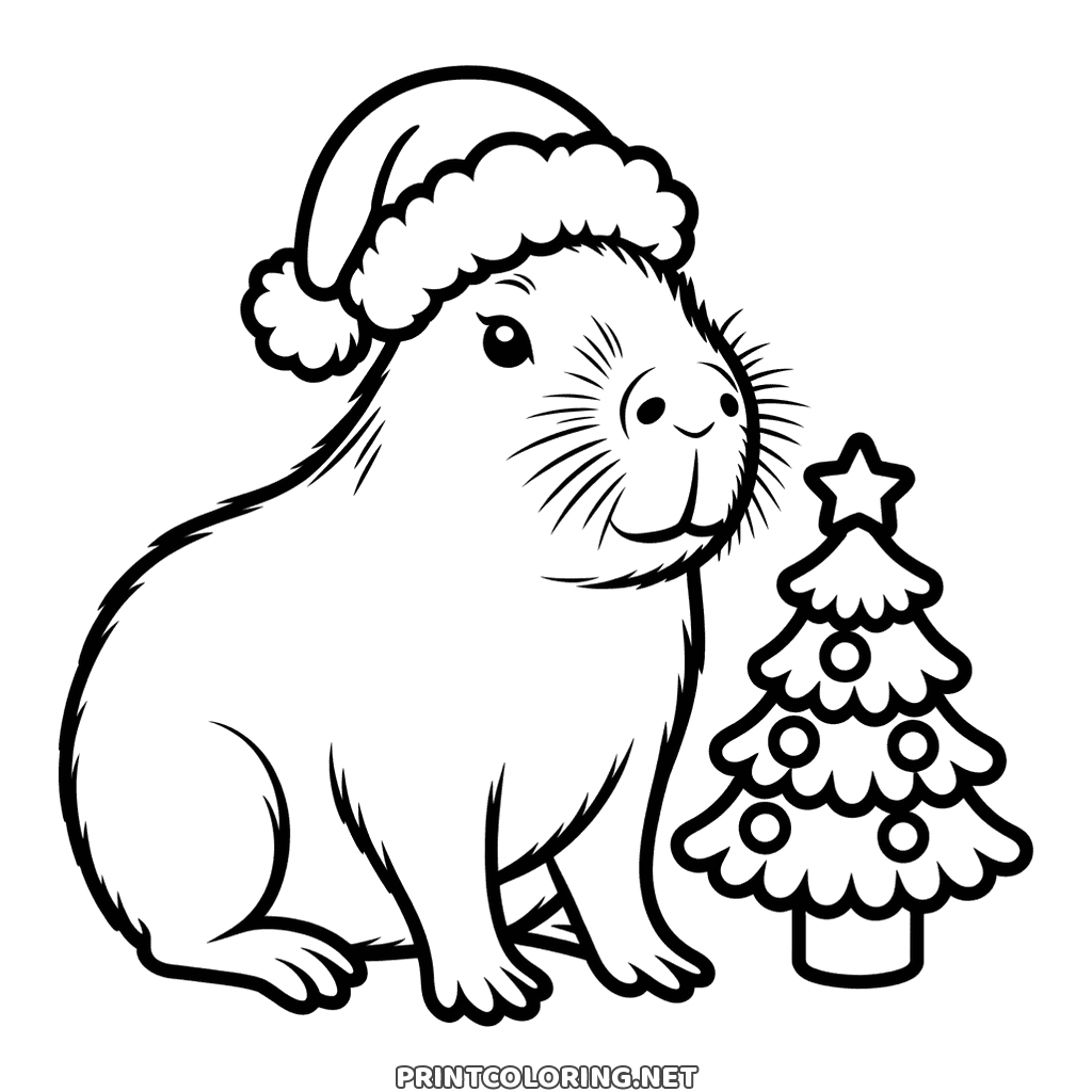 Christmas capybara coloring page, free to print: a capybara in a Santa hat by a tree