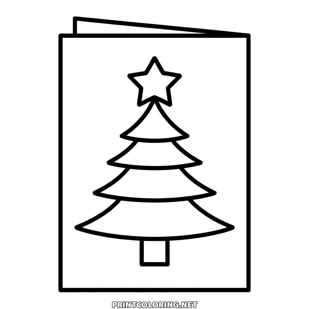 Christmas card coloring page to print free: a folded card with a tree on the front