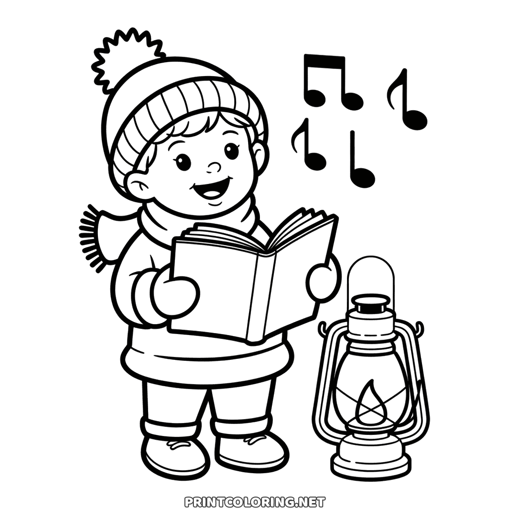 Easy drawing of a young Christmas carol singer to color, bobble hat, blank songbook