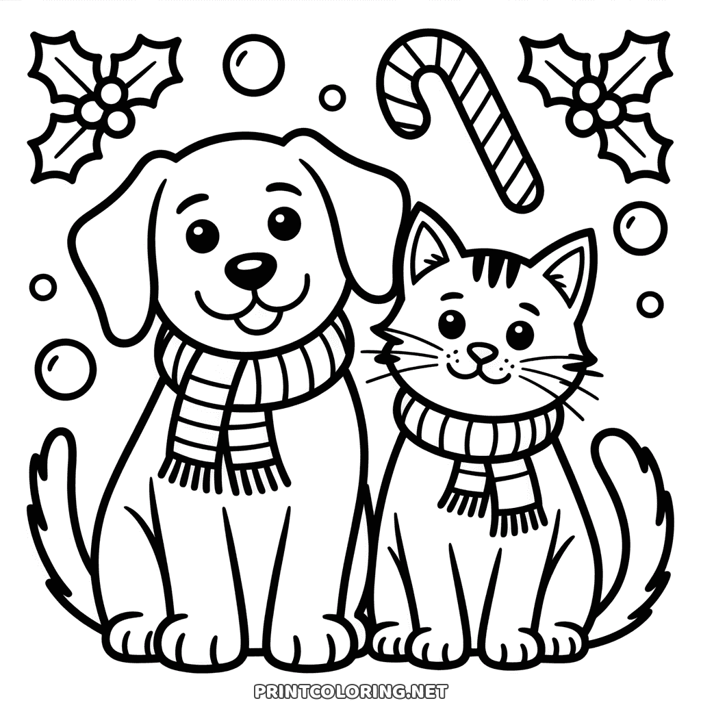 Hund und Katze Weihnachten Ausmalbild: Welpe und Kätzchen mit gestreiften Schals unter Stechpalme