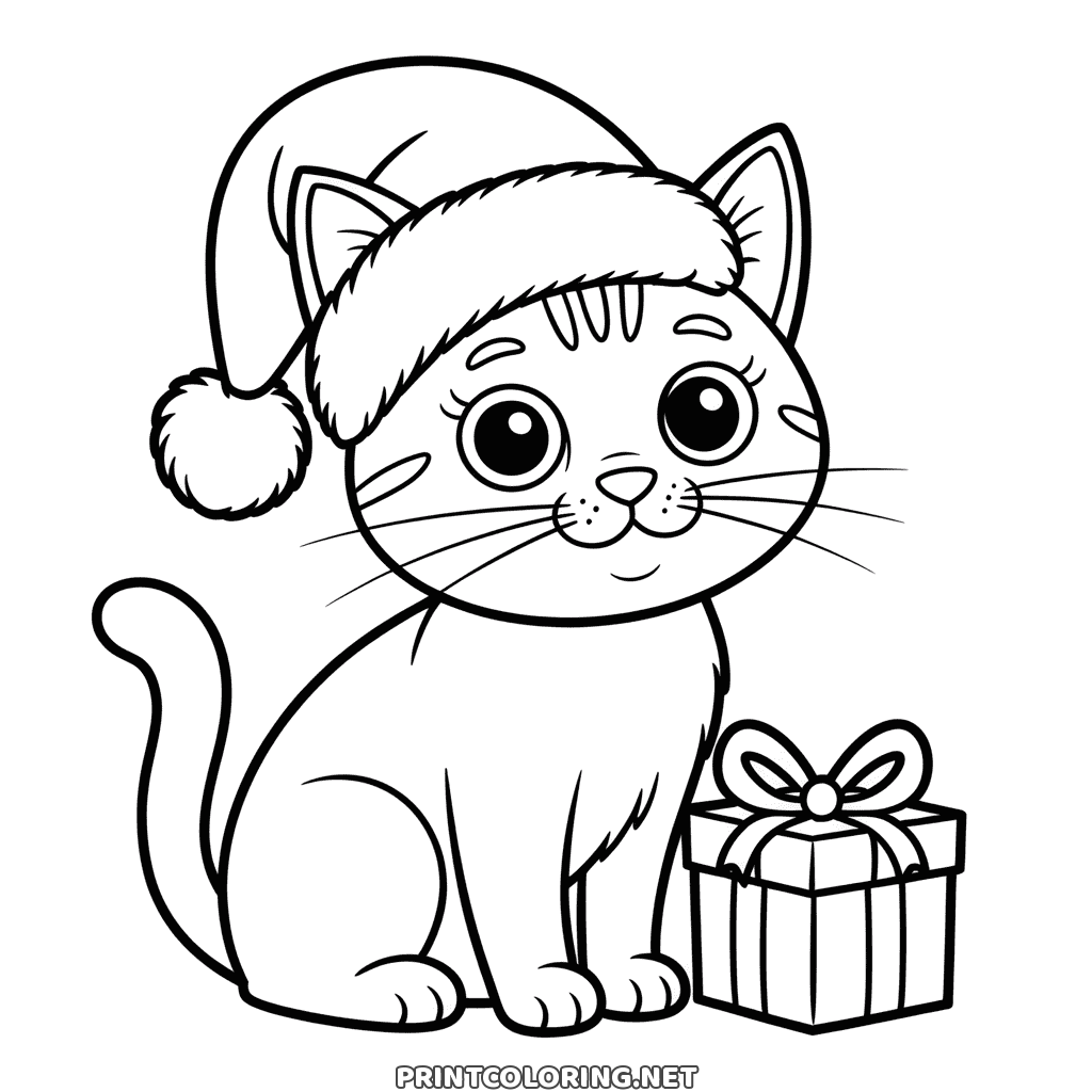 Print and color a Christmas cat in an oversized hat, a wrapped gift at its feet