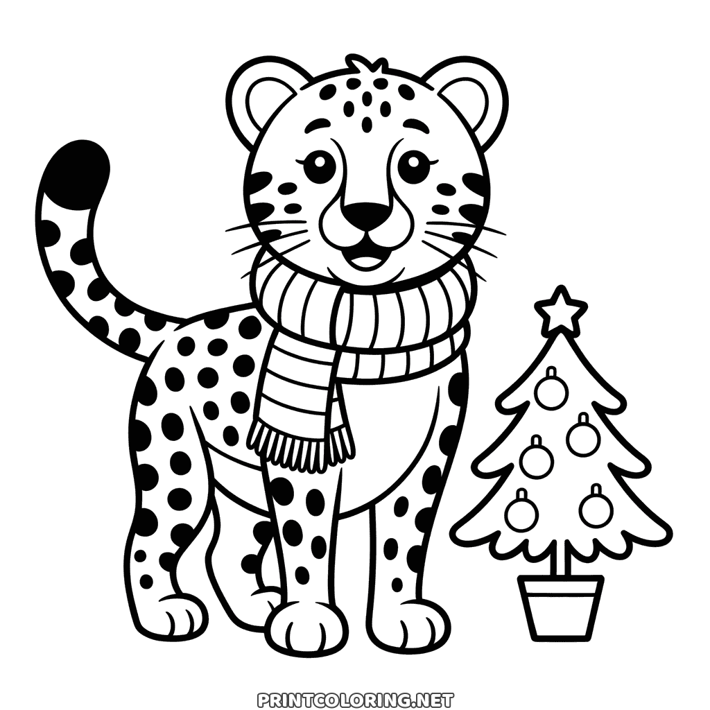 Weihnachtsgepard Ausmalbild: gefleckter Gepard mit Schal neben einem kleinen Weihnachtsbaum