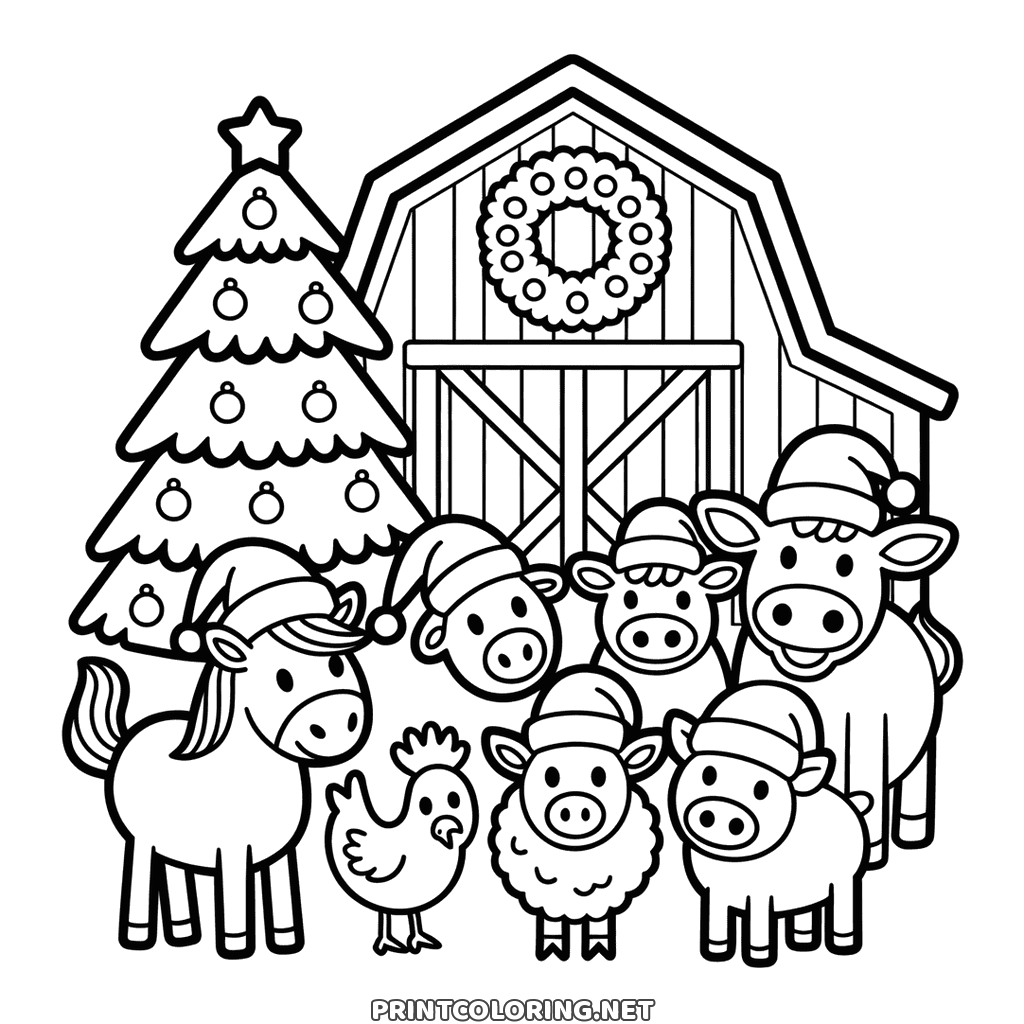 A big coloring page of farm animals in Christmas hats before a barn with a wreath