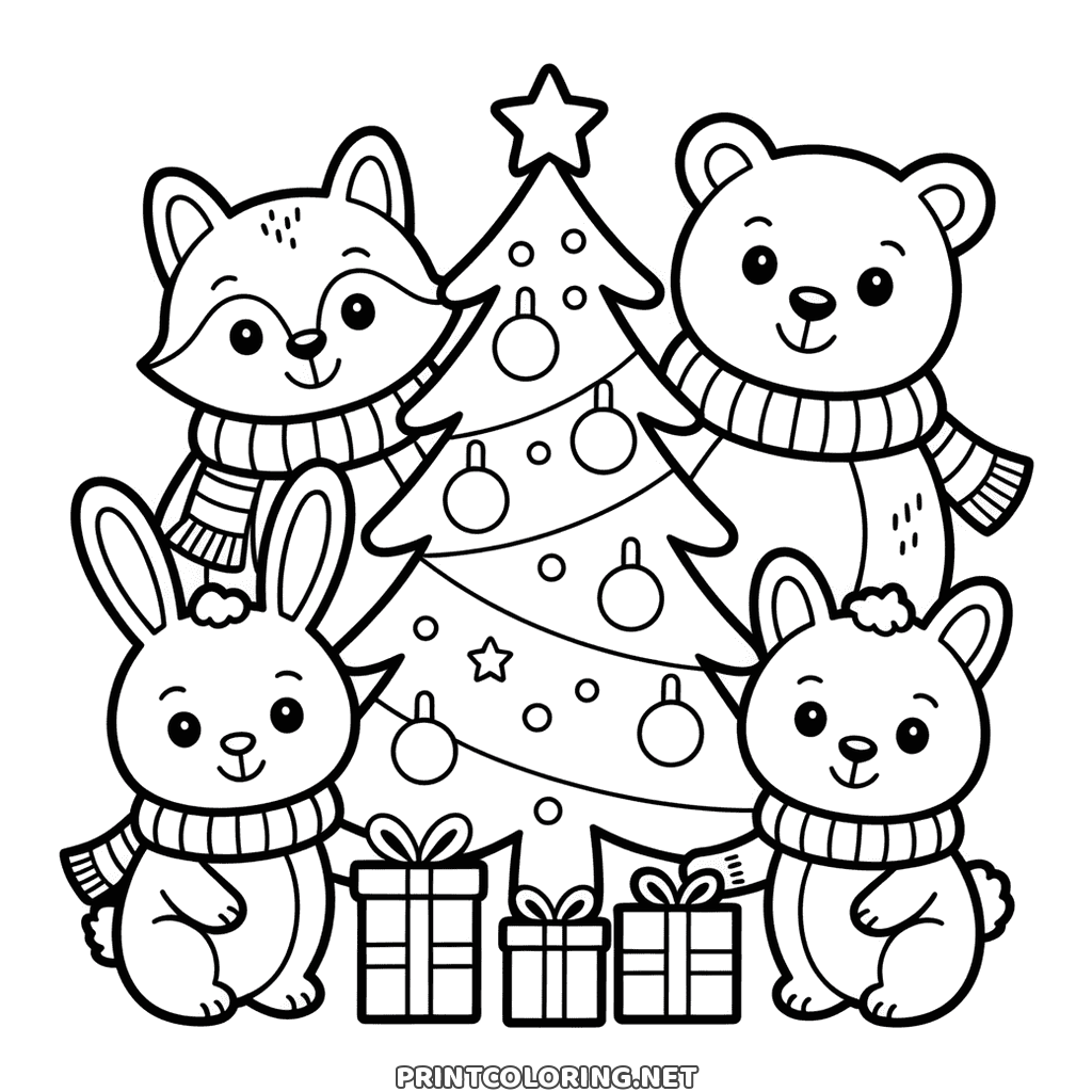 Christmas forest animals coloring page: a fox, a bear and bunnies around a tree