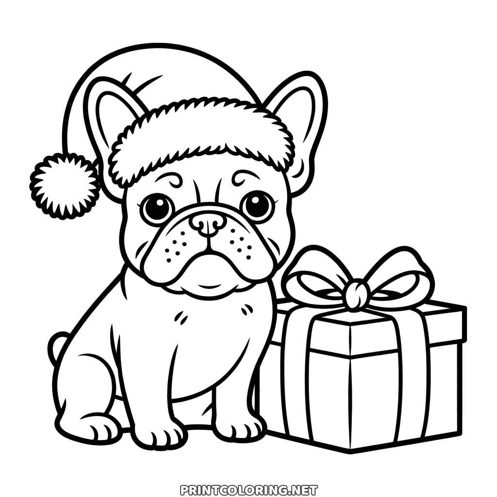 Jule tegning af en hund: en fransk bulldog med nissehue ved en indpakket gave, gratis til print
