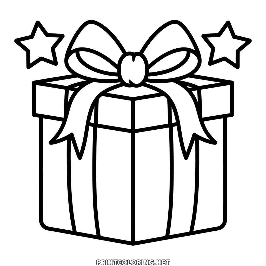 Christmas gift coloring page, free to print: a big wrapped box with a wide ribbon bow