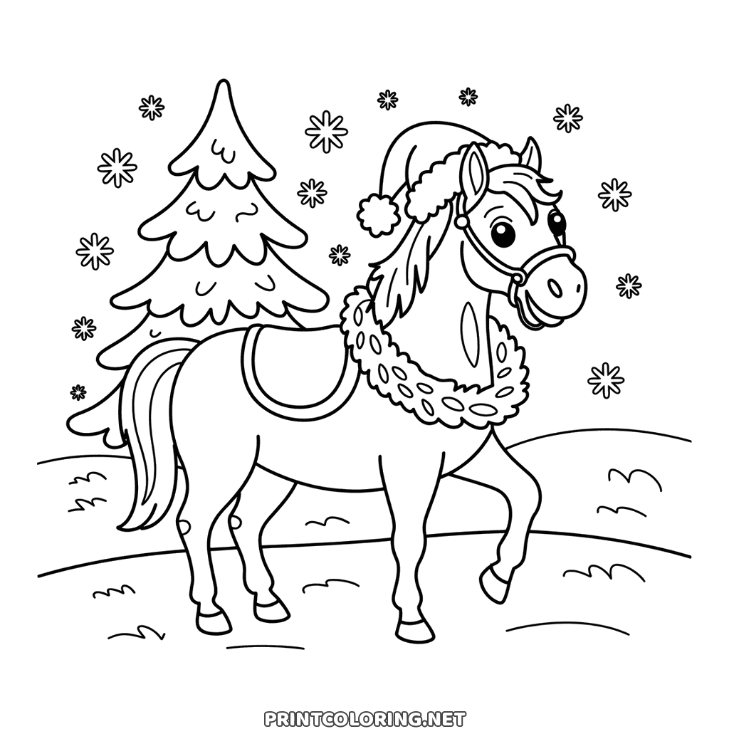 Christmas horse coloring page: a horse in a red hat beside a decorated tree
