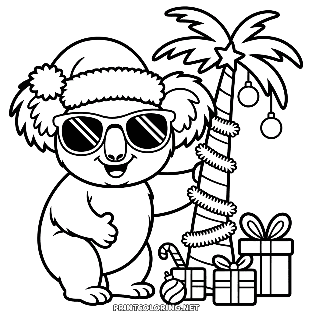 Weihnachtskoala Ausmalbild: Koala mit Sonnenbrille und Mütze an einer geschmückten Palme