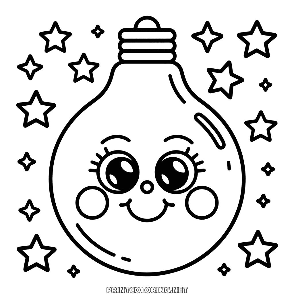 Kawaii drawing of a smiling Christmas fairy light to color, ridged base and stars