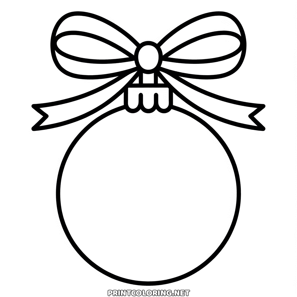 Round Christmas bauble hanging from a big bow, blank inside, free coloring page