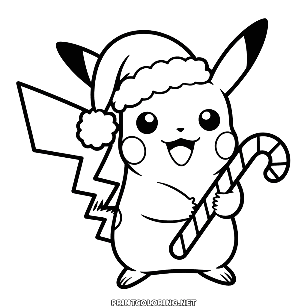 Christmas Pokémon Pikachu coloring page: Santa hat with a pompom and a striped candy cane