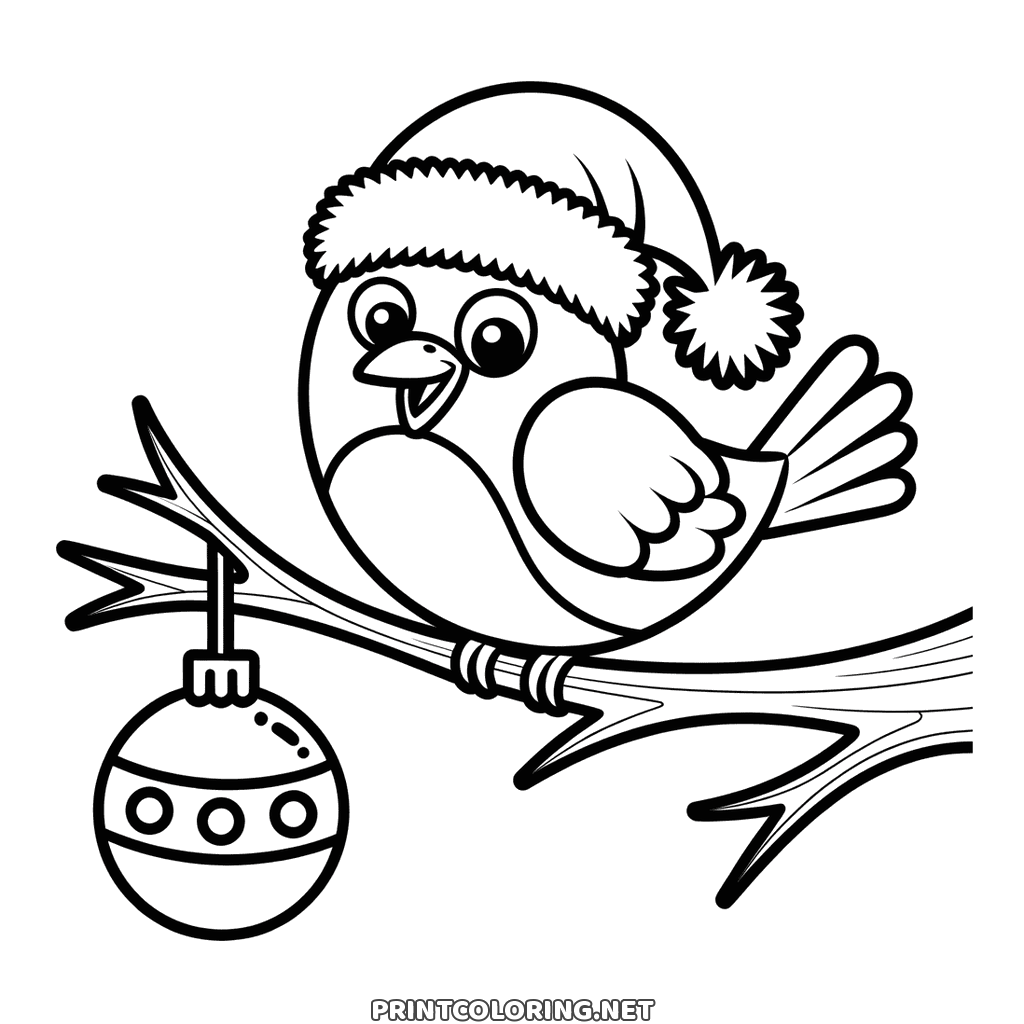 Christmas robin coloring page: a bird in a Santa hat on a branch with a bauble below