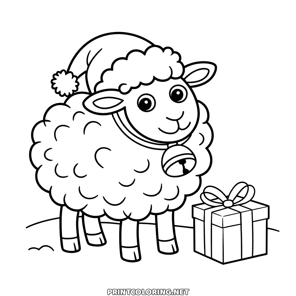 Christmas sheep coloring page with a Santa hat, a jingle bell collar and a wrapped gift