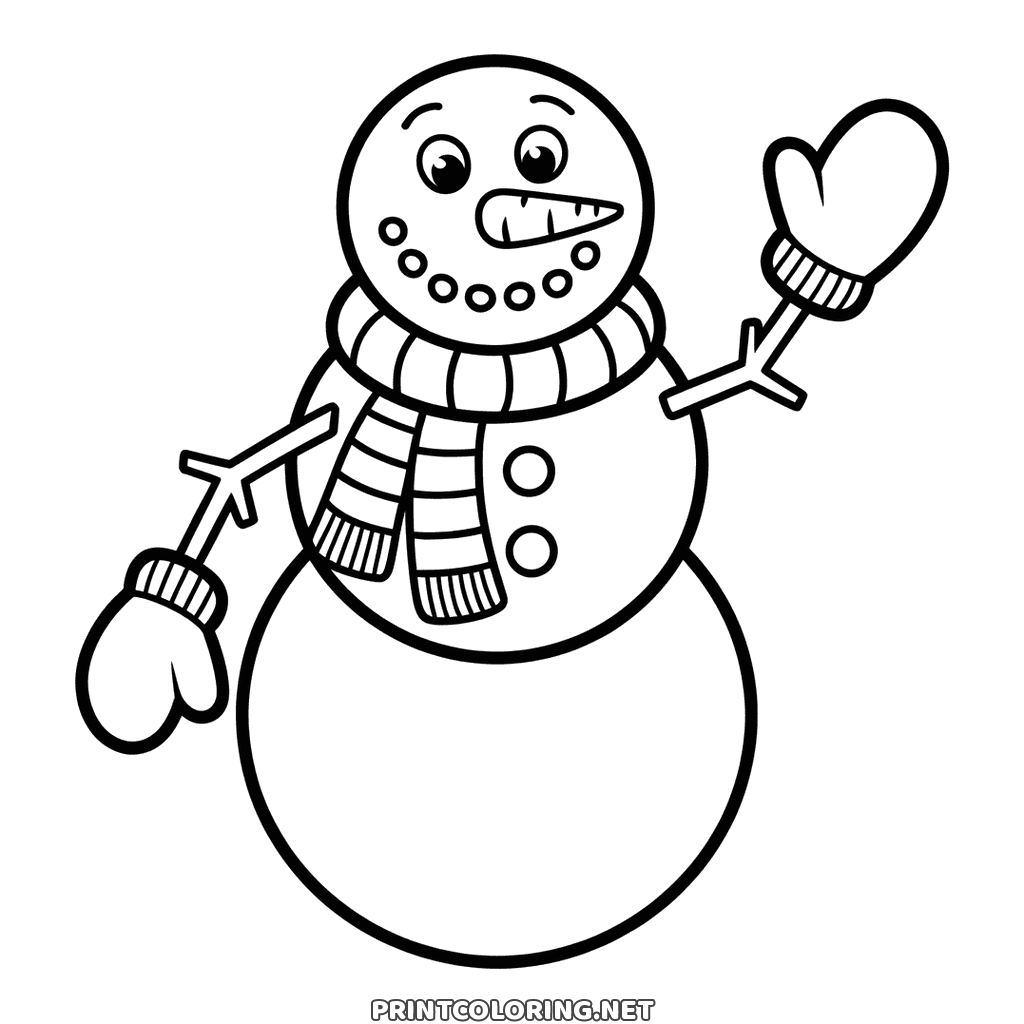Christmas snowman coloring page: carrot nose, striped scarf, one mitten raised
