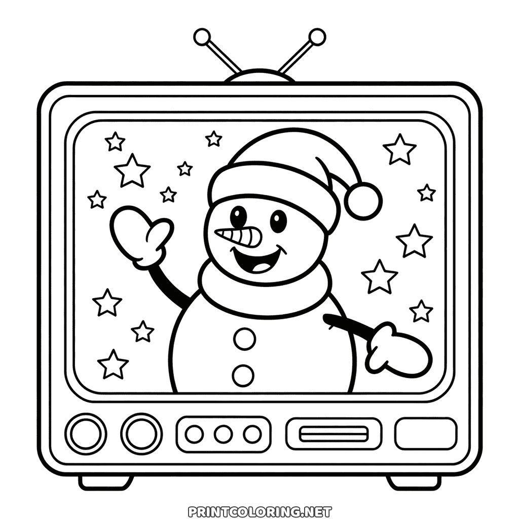 Simple drawing to color: a Christmas snowman waving from an old television screen