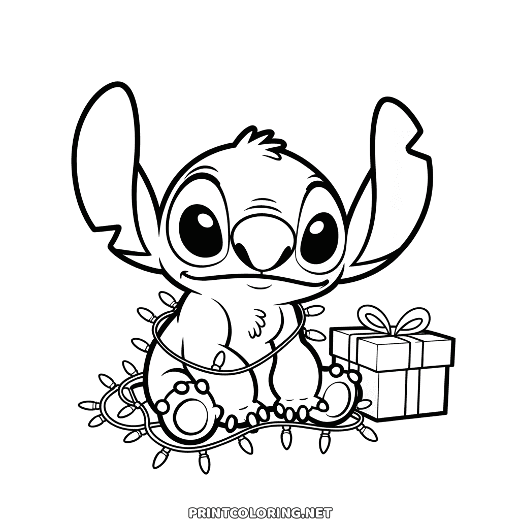 Christmas Stitch tangled in fairy lights beside a wrapped gift, free coloring page