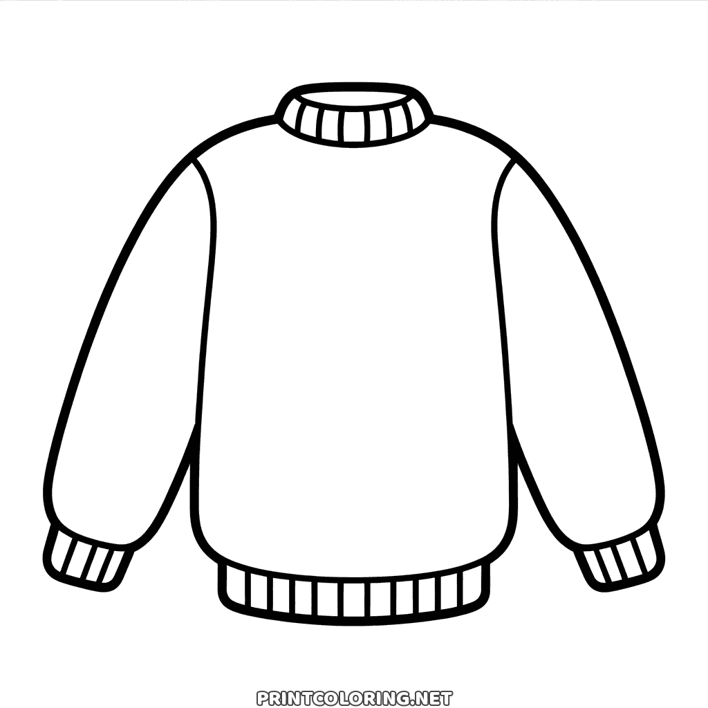 Easy coloring page: a plain knitted Christmas jumper with ribbed collar and cuffs