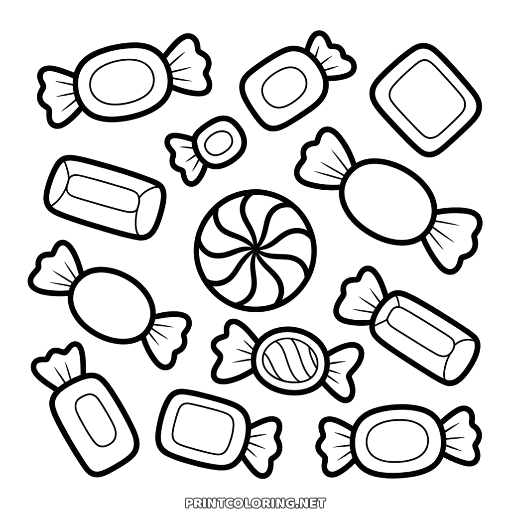 Christmas sweets coloring page for kids: a dozen wrapped candies and a swirled mint