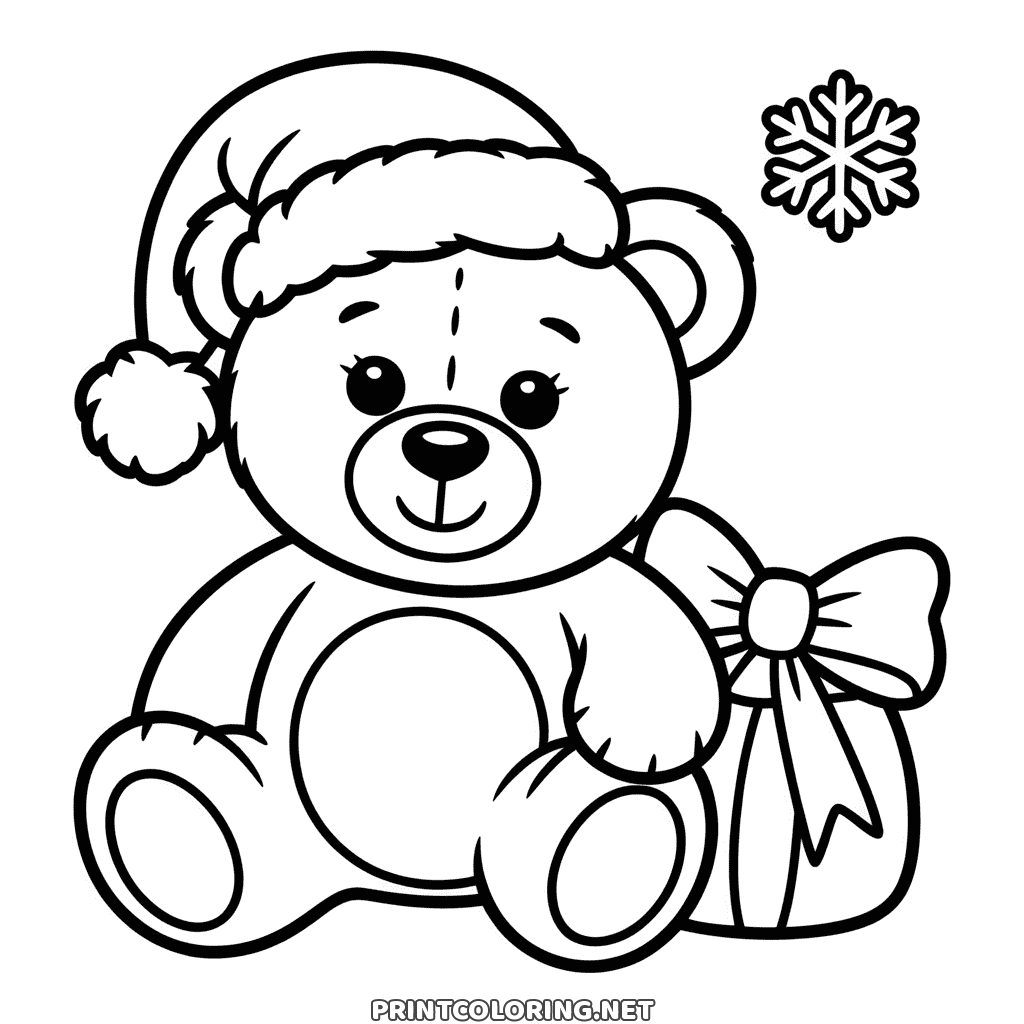 Cute drawing of a Christmas teddy bear to color, a ribboned sack at his side