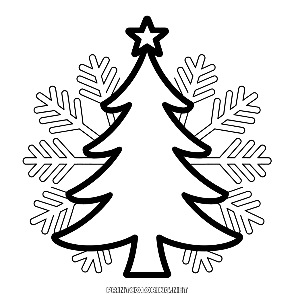 Printable Christmas tree coloring page: a bold fir with a star and four big snowflakes