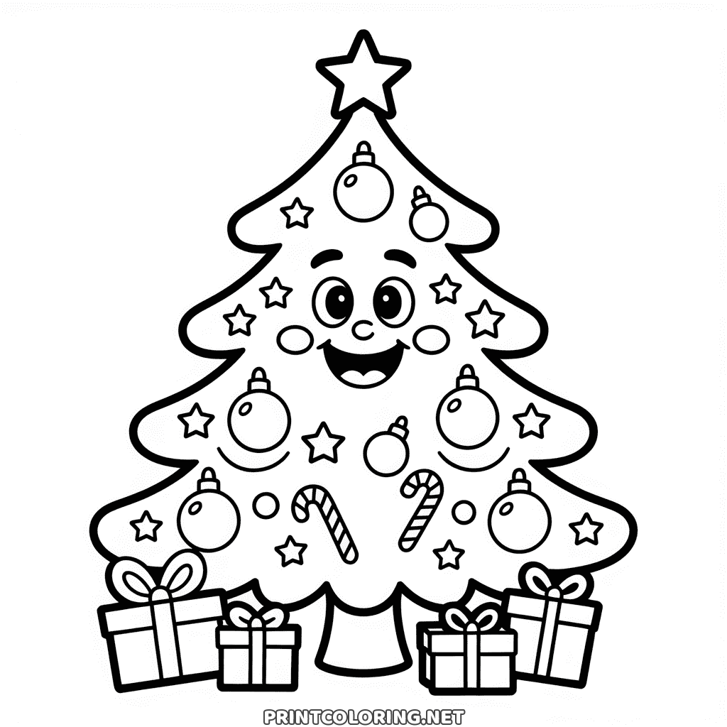 Coloring page of a smiling Christmas tree hung with baubles, four presents underneath