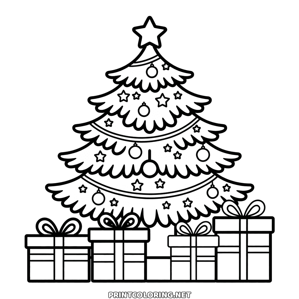 Christmas tree coloring page with baubles, garlands and four wrapped presents below