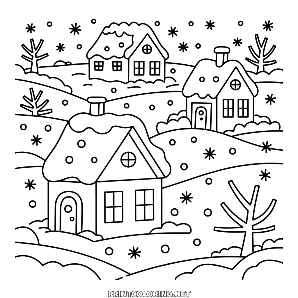Detailed coloring page of a snowy Christmas village, three cottages, falling snow