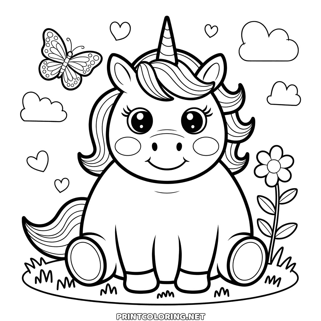 Chubby unicorn sitting on the grass with a butterfly, hearts and a flower, easy unicorn coloring page