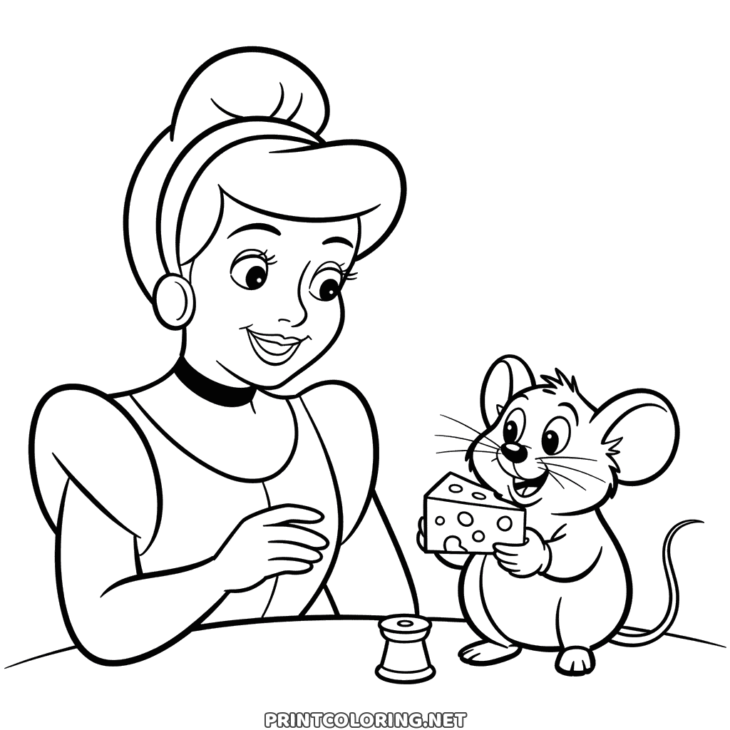 Princess Cinderella at a table with Gus the chubby mouse holding a wedge of cheese, a cute coloring page