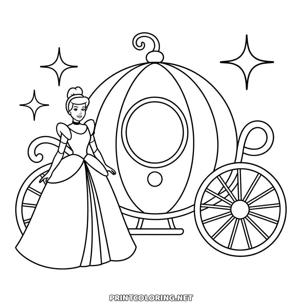 Pumpkin carriage coloring page with Princess Cinderella standing in front of it, three sparkles above