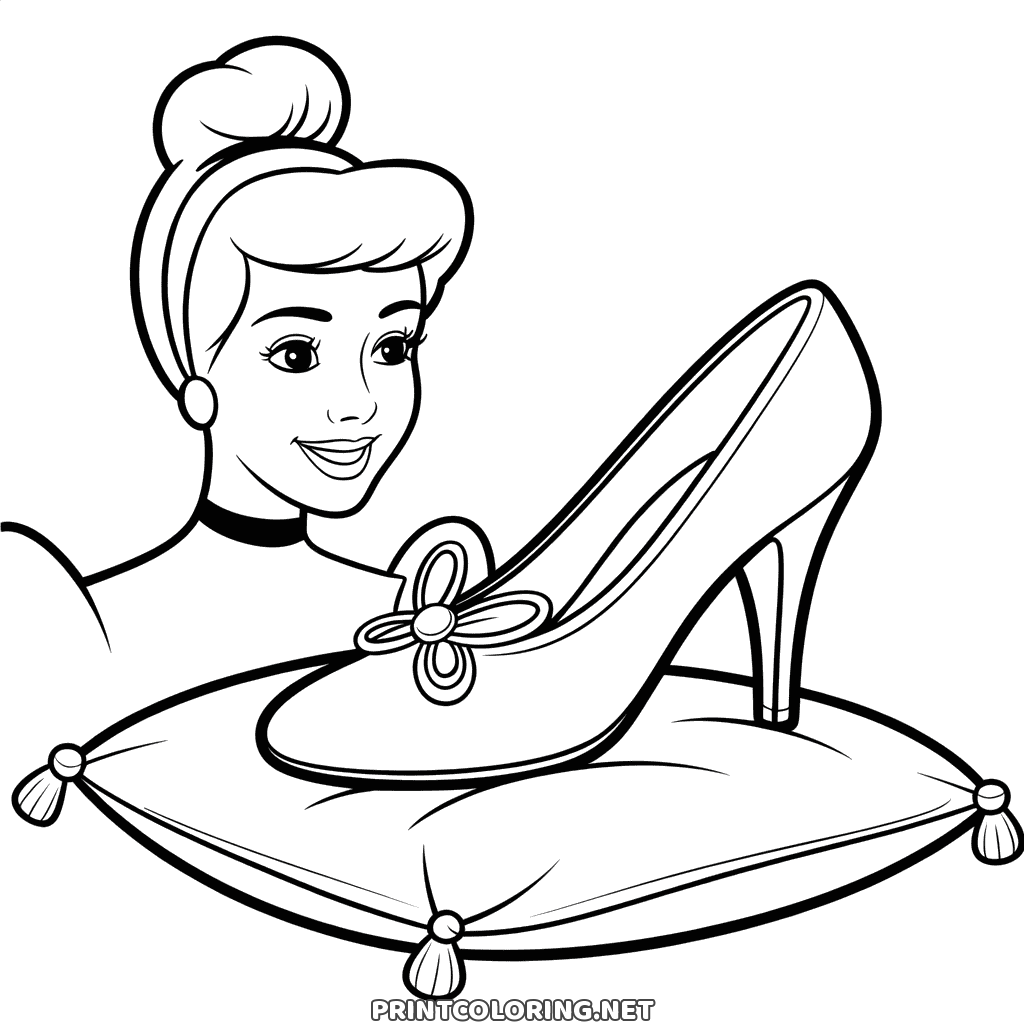 Glass slipper coloring page: a big shoe on a tasselled cushion, Princess Cinderella smiling beside it
