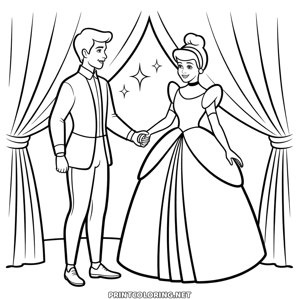 Princess Cinderella and Prince Charming coloring page: hand in hand between two tied-back curtains