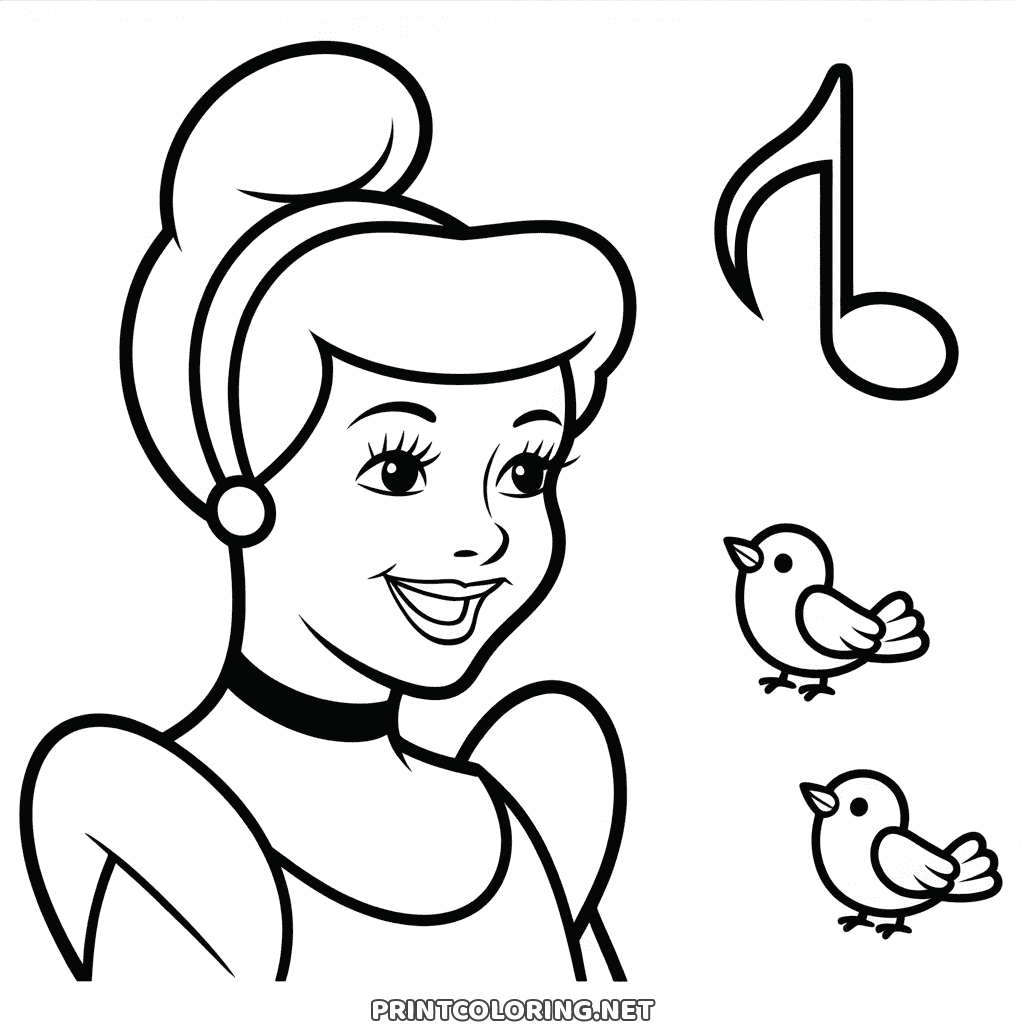 Cinderella coloring page of the smiling princess from the shoulders up, a music note and two little birds