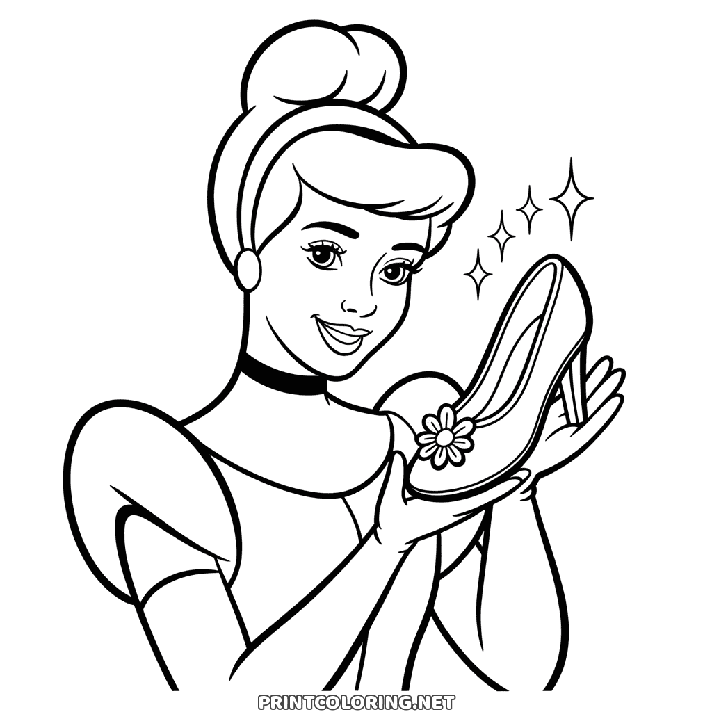 Princess Cinderella holds out her glass slipper, a free coloring page with a little flower on the toe