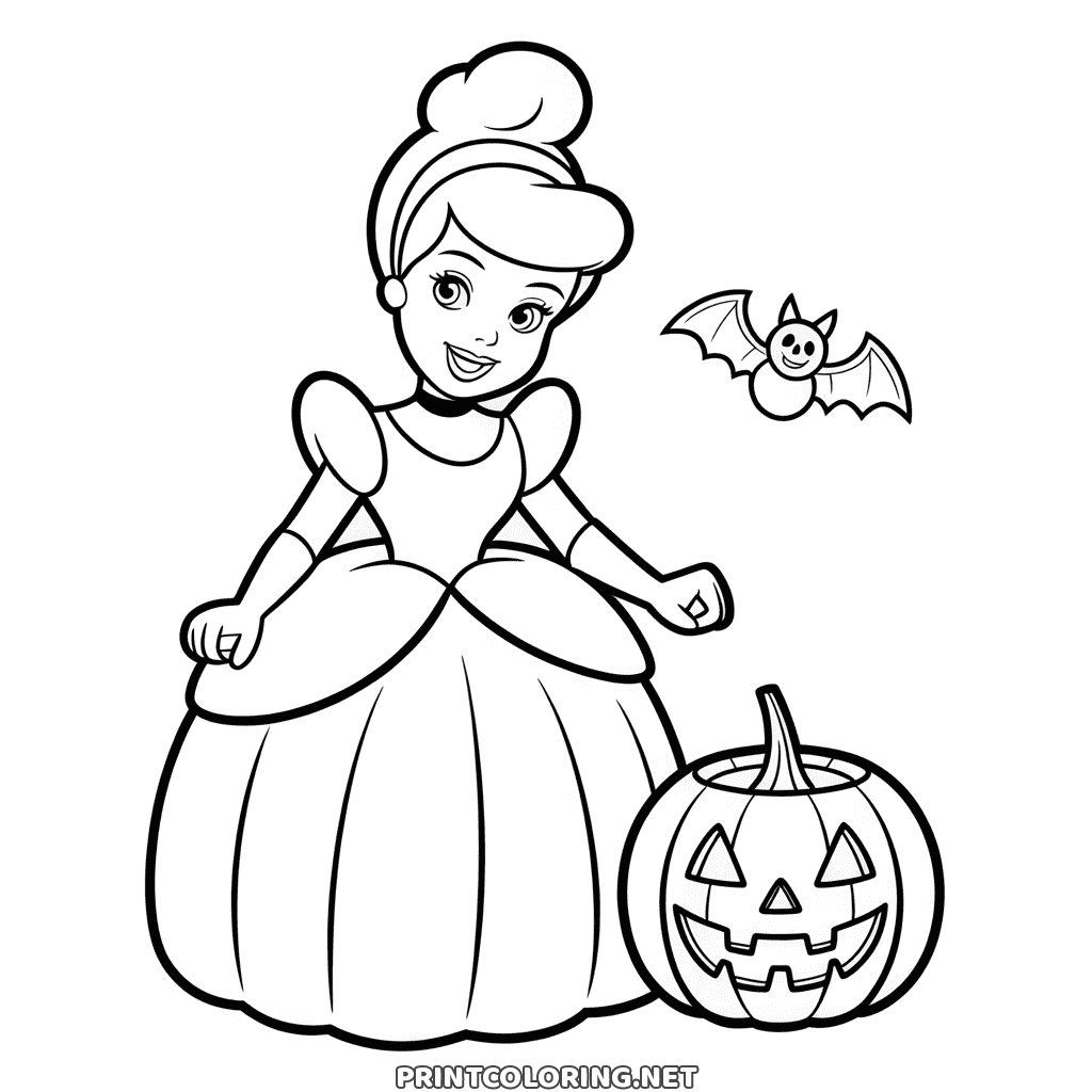 Spooky but cute Halloween coloring page: princess Cinderella, a grinning jack-o'-lantern and a smiling bat