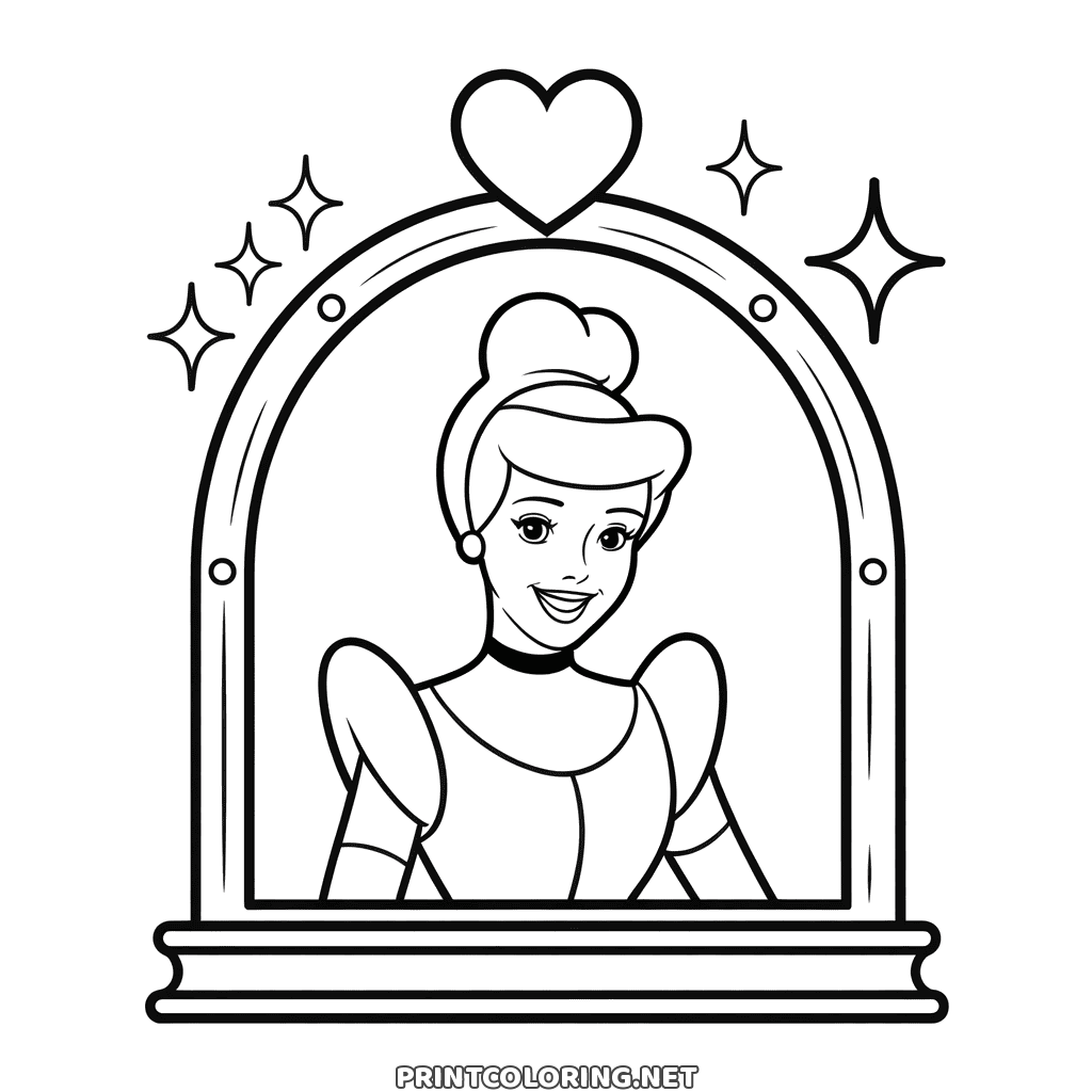 Princess Cinderella looking out of an arched window, a free coloring page with a heart on the frame