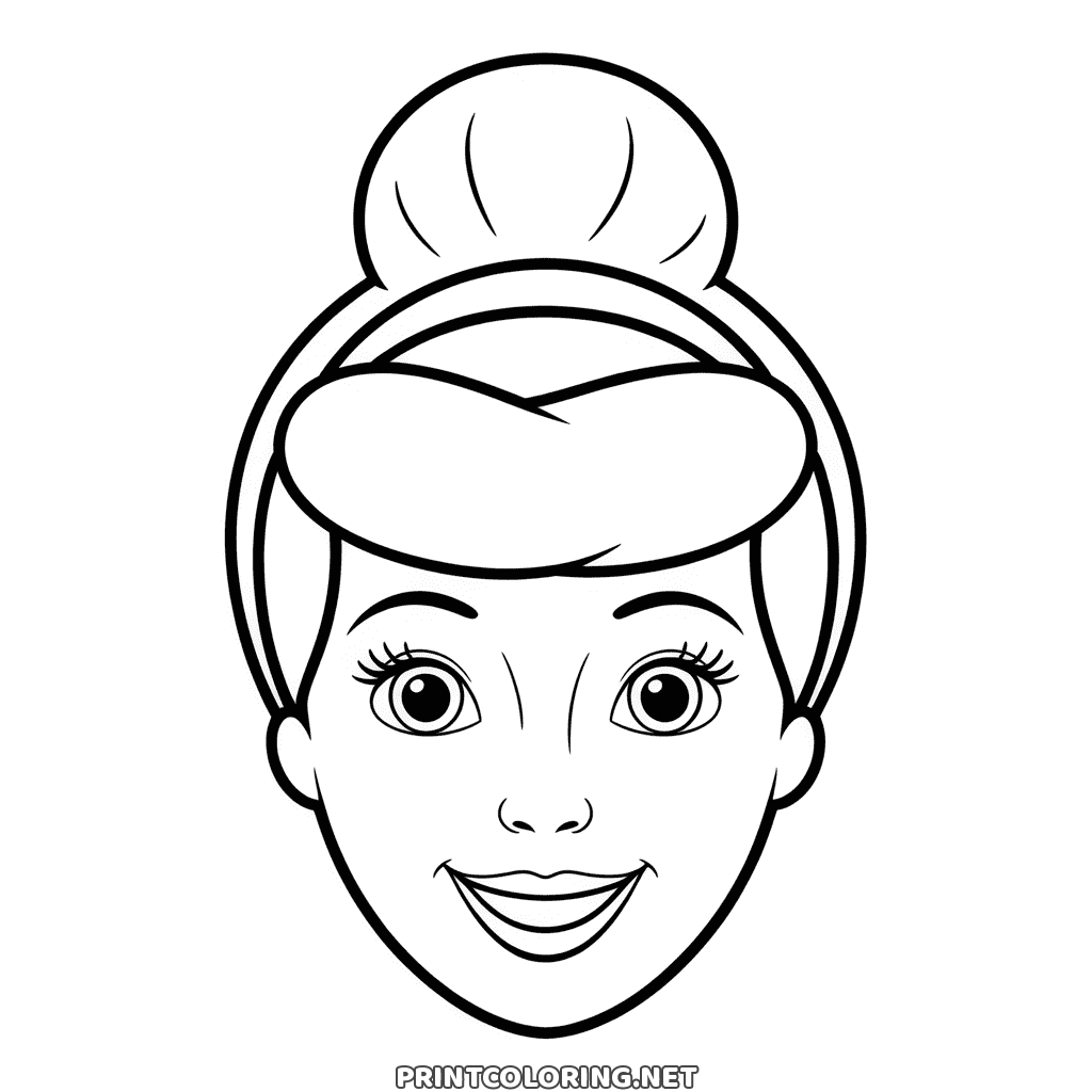 Simple Cinderella face coloring page: the princess with a high bun, a hair band and a wide smile