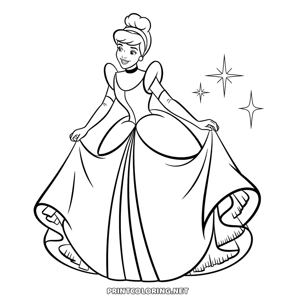 Cinderella in her ball gown holding the wide skirt out at each side, a princess coloring page with sparkles